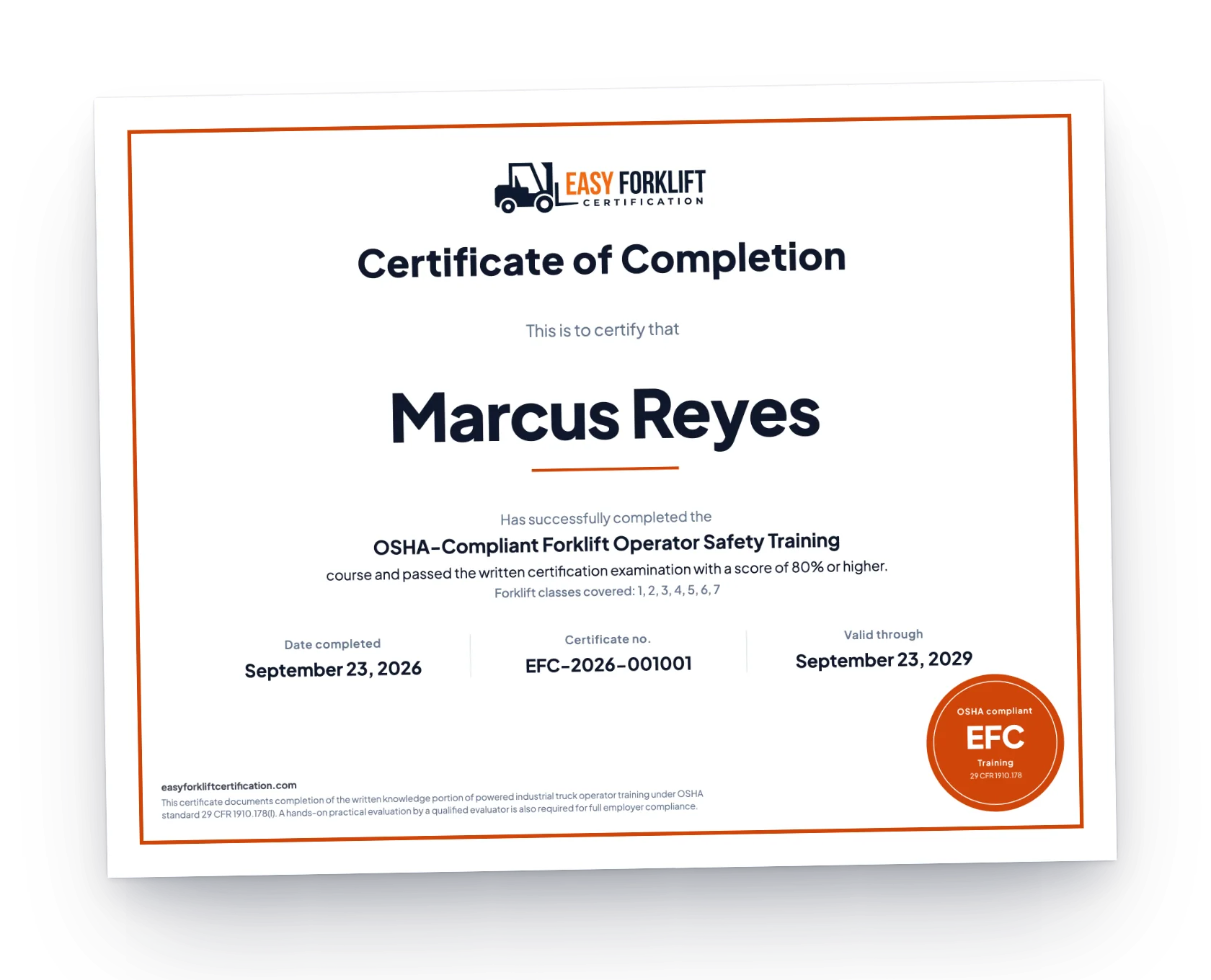 Sample certificate of completion for Marcus Reyes with the completion date, certificate number EFC-2026-001001 and a valid-through date of September 23, 2029