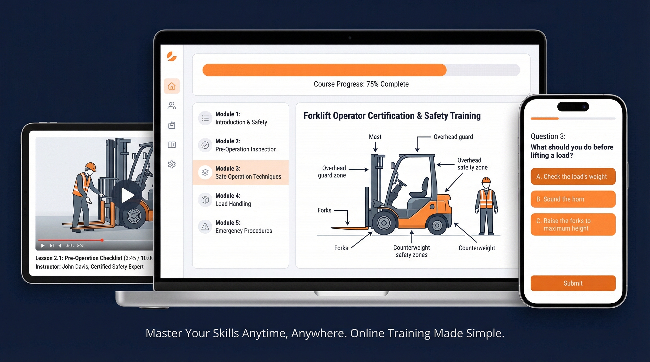 Forklift certification course shown on tablet, laptop, and smartphone