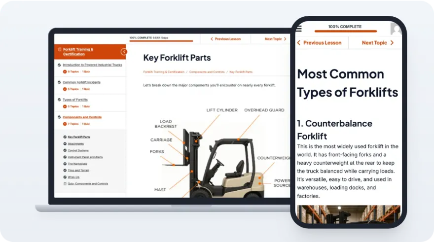 The course open on a laptop and a phone: the Key Forklift Parts and Most Common Types of Forklifts lessons