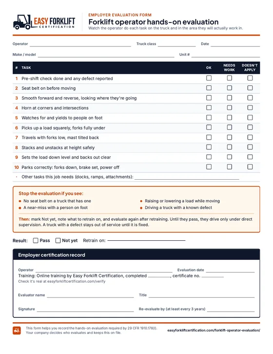 The one-page hands-on evaluation form your employer signs