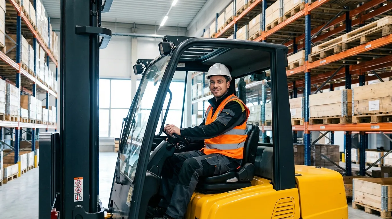 A forklift operator lifting a loaded pallet
