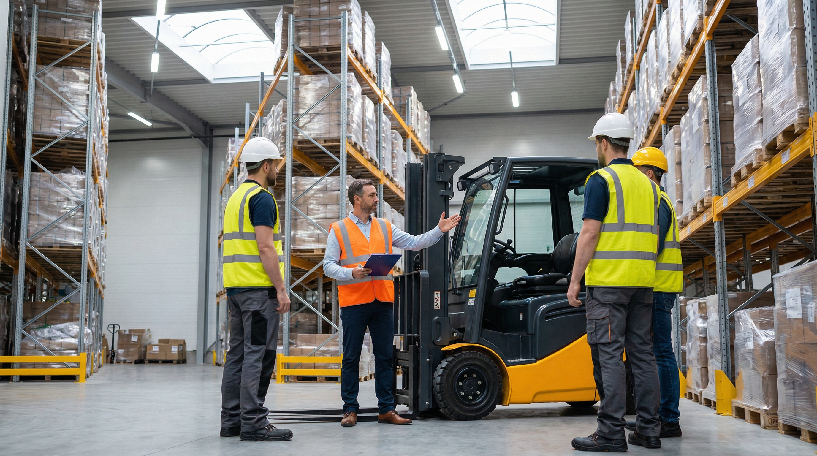 Forklift instructor training a group of operators in a warehouse