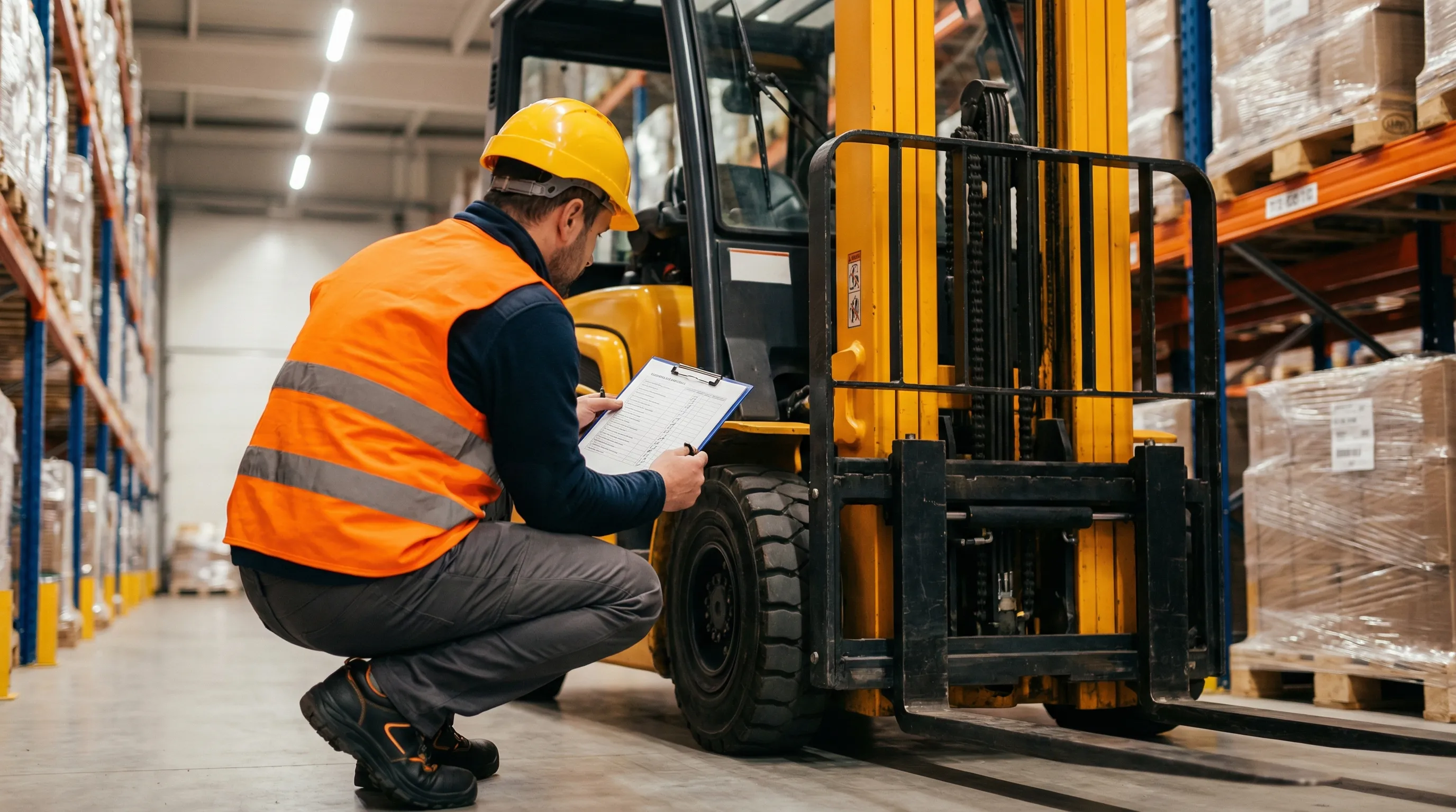 A forklift operator walking around the truck on a pre-use inspection