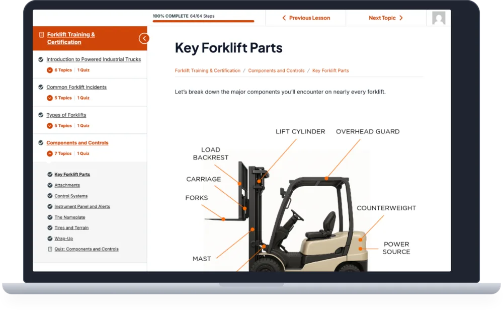 The Key Forklift Parts lesson from the course open on a laptop, with the lesson list on the left and a labeled forklift diagram
