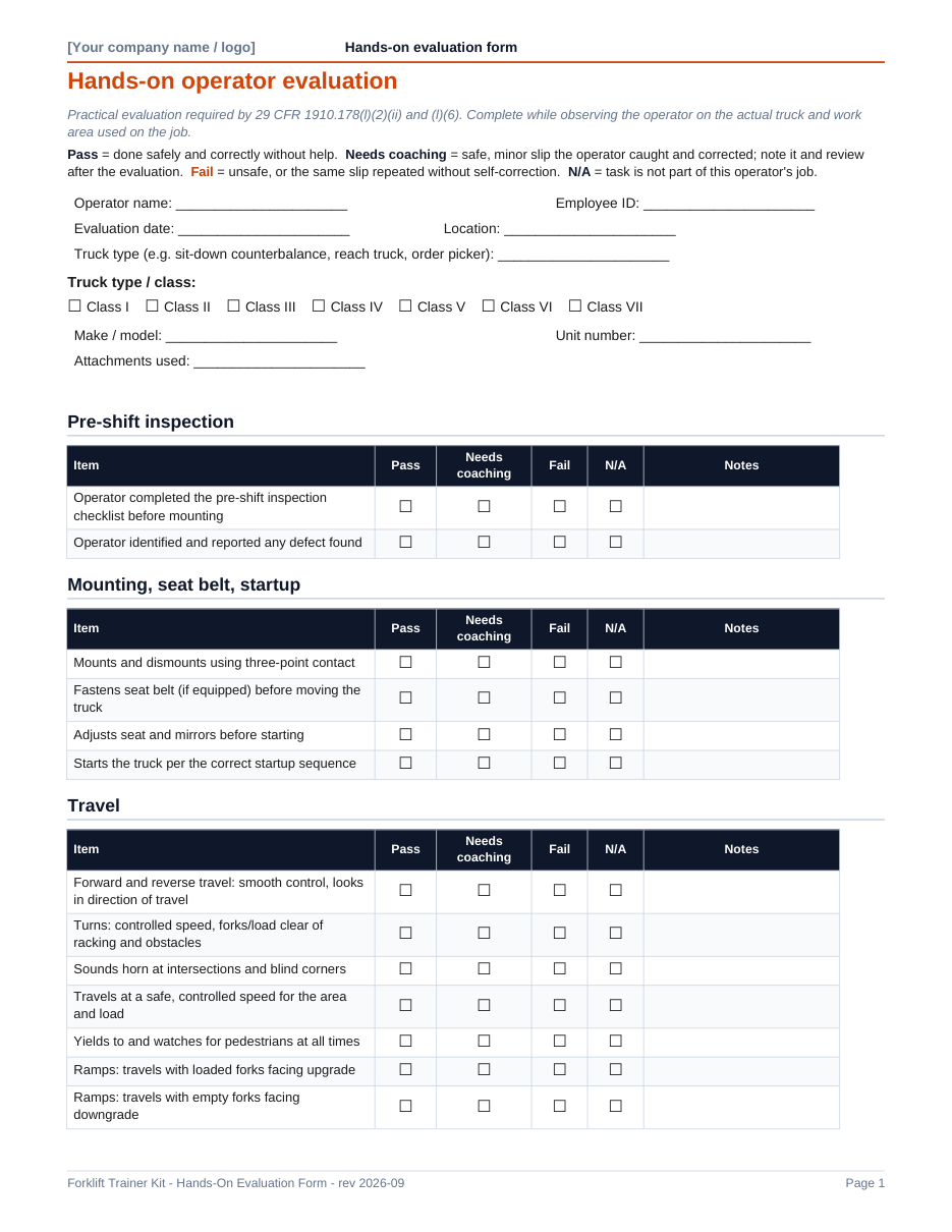 First page of the hands-on evaluation form, with pass, needs coaching, fail and N/A columns for each task