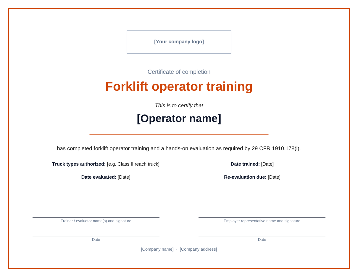 Operator certificate template with spaces for your company logo, the operator name, dates and signatures
