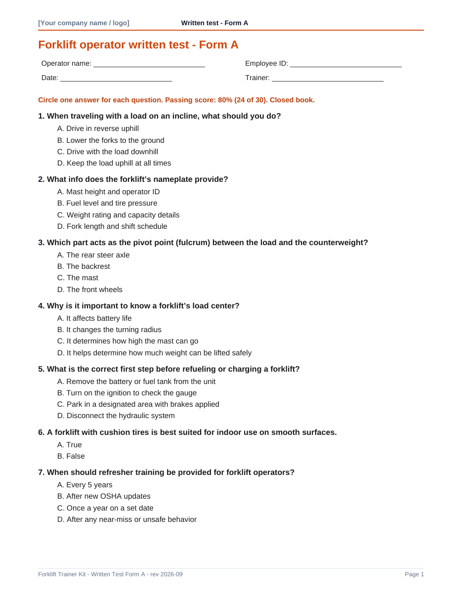 A page from the written practice test