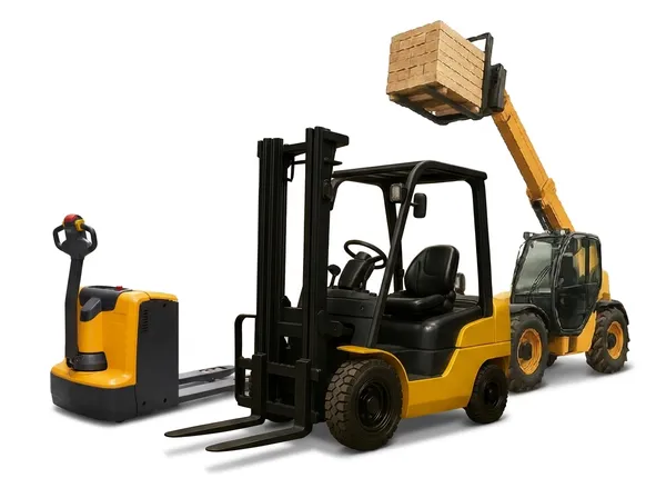 A sit-down forklift, an electric pallet jack, and a telehandler